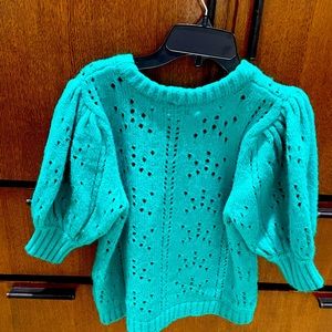 Green short puff sleeve eyelet sweater